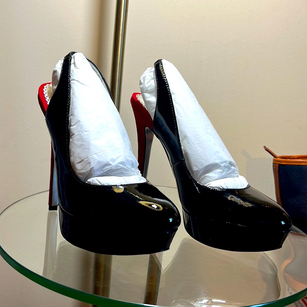 Bebe Black Patent with Red Suede Heels NIB